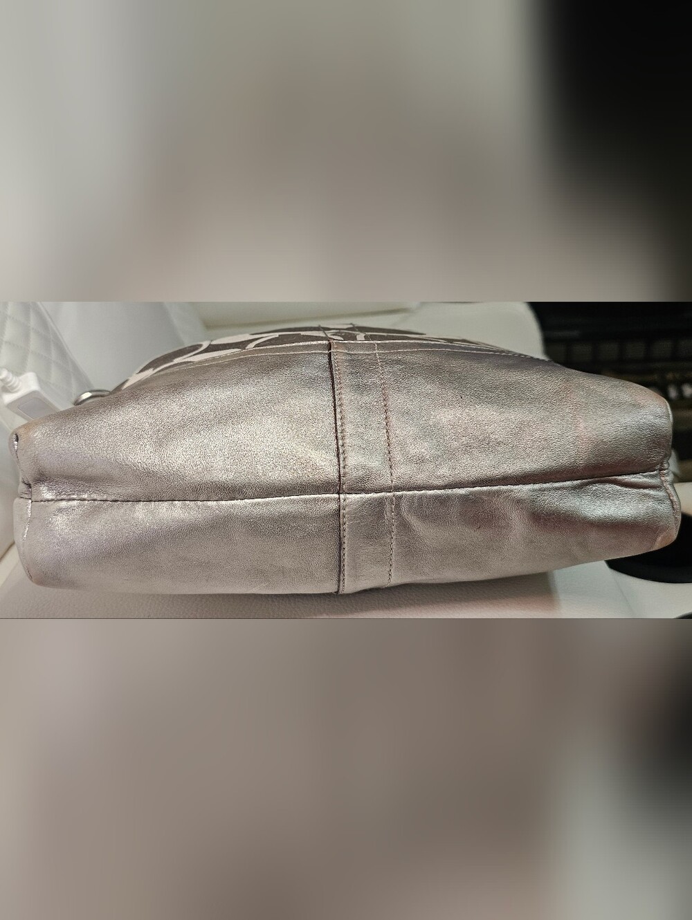 Coach Satin Signature Chain-Accent Shoulder Bag in Silver Taupe (Used) - Picture 8 of 13